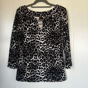 Rafaella Black and White Leopard-Print 3/4 Sleeve Keyhole Top. Size Small
